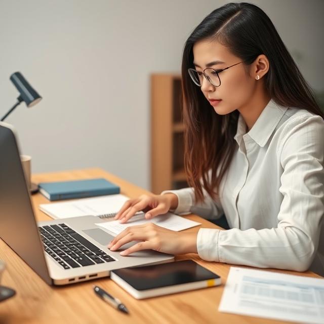 International student calculating budget at desk with laptop and notebook