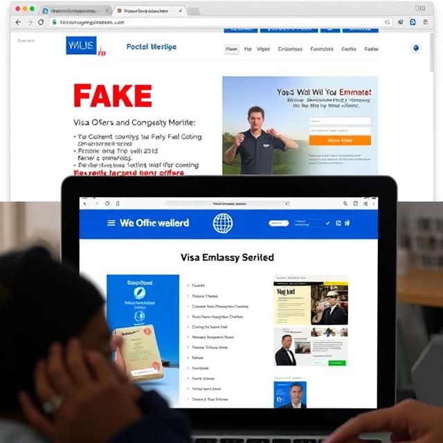 Split screen: “Fake Visa Offer” vs “Official Embassy Website